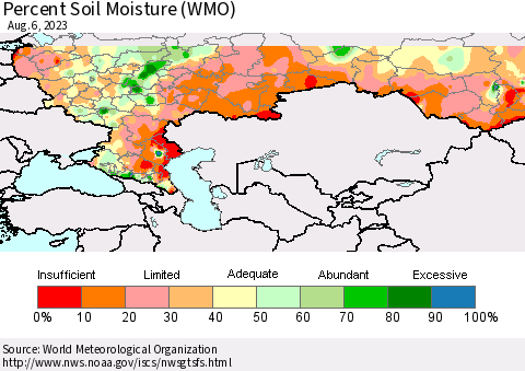 Russian Federation Percent Soil Moisture (WMO) Thematic Map For 7/31/2023 - 8/6/2023