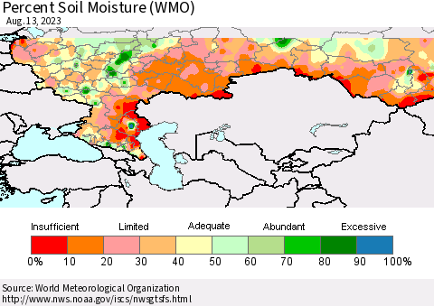 Russian Federation Percent Soil Moisture (WMO) Thematic Map For 8/7/2023 - 8/13/2023