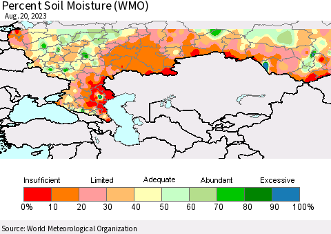 Russian Federation Percent Soil Moisture (WMO) Thematic Map For 8/14/2023 - 8/20/2023