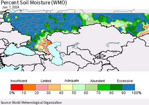 Russian Federation Percent Soil Moisture (WMO) Thematic Map For 1/1/2024 - 1/7/2024