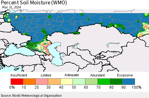 Russian Federation Percent Soil Moisture (WMO) Thematic Map For 3/25/2024 - 3/31/2024