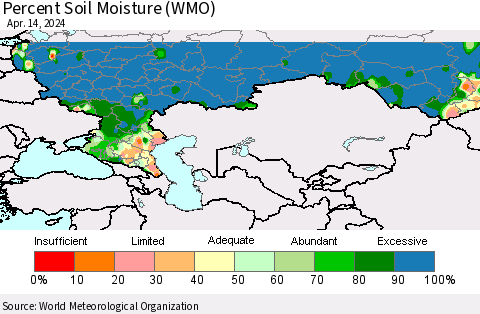 Russian Federation Percent Soil Moisture (WMO) Thematic Map For 4/8/2024 - 4/14/2024