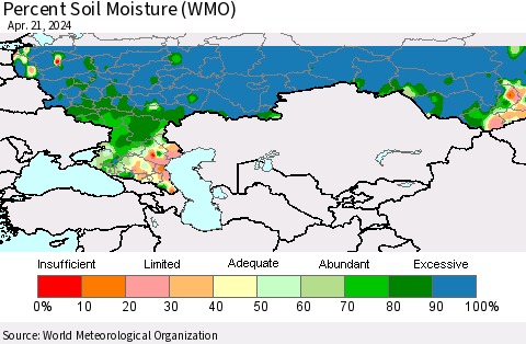 Russian Federation Percent Soil Moisture (WMO) Thematic Map For 4/15/2024 - 4/21/2024