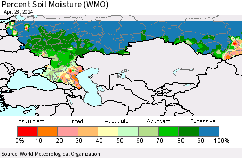 Russian Federation Percent Soil Moisture (WMO) Thematic Map For 4/22/2024 - 4/28/2024