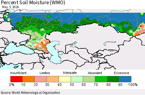 Russian Federation Percent Soil Moisture (WMO) Thematic Map For 4/29/2024 - 5/5/2024