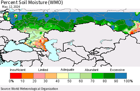 Russian Federation Percent Soil Moisture (WMO) Thematic Map For 5/6/2024 - 5/12/2024