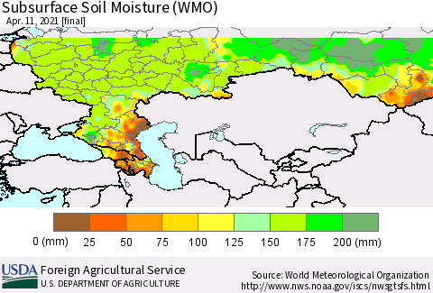 Russian Federation Subsurface Soil Moisture (WMO) Thematic Map For 4/5/2021 - 4/11/2021