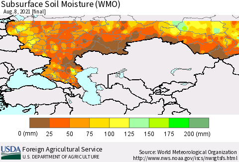 Russian Federation Subsurface Soil Moisture (WMO) Thematic Map For 8/2/2021 - 8/8/2021