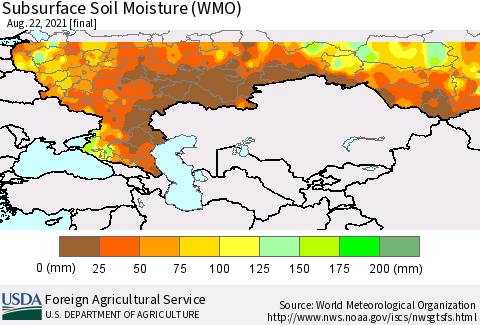 Russian Federation Subsurface Soil Moisture (WMO) Thematic Map For 8/16/2021 - 8/22/2021