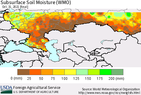 Russian Federation Subsurface Soil Moisture (WMO) Thematic Map For 10/25/2021 - 10/31/2021