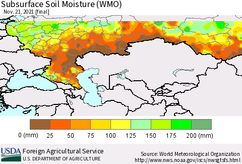 Russian Federation Subsurface Soil Moisture (WMO) Thematic Map For 11/15/2021 - 11/21/2021