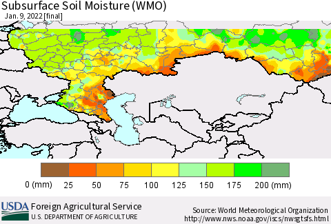 Russian Federation Subsurface Soil Moisture (WMO) Thematic Map For 1/3/2022 - 1/9/2022