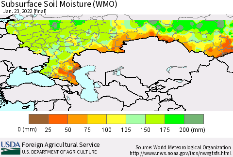 Russian Federation Subsurface Soil Moisture (WMO) Thematic Map For 1/17/2022 - 1/23/2022