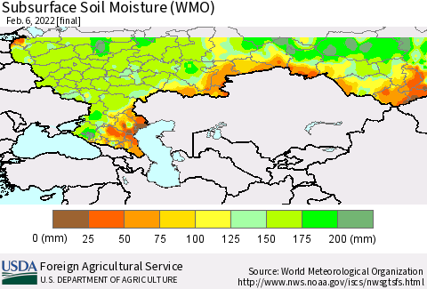 Russian Federation Subsurface Soil Moisture (WMO) Thematic Map For 1/31/2022 - 2/6/2022