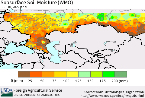 Russian Federation Subsurface Soil Moisture (WMO) Thematic Map For 7/4/2022 - 7/10/2022