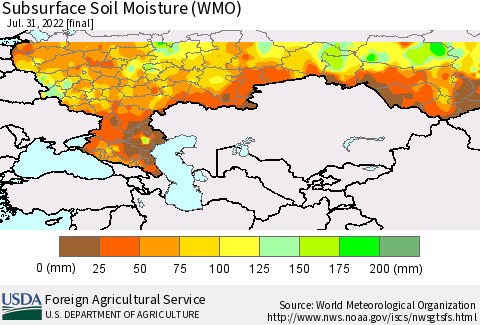 Russian Federation Subsurface Soil Moisture (WMO) Thematic Map For 7/25/2022 - 7/31/2022