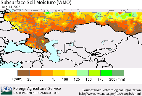 Russian Federation Subsurface Soil Moisture (WMO) Thematic Map For 8/8/2022 - 8/14/2022