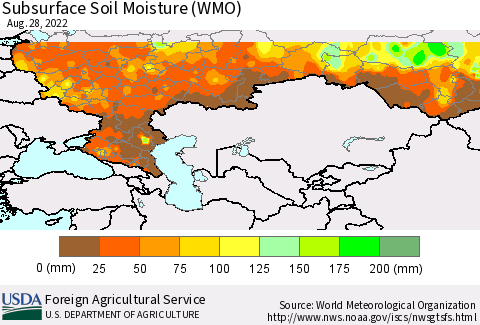 Russian Federation Subsurface Soil Moisture (WMO) Thematic Map For 8/22/2022 - 8/28/2022