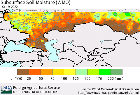 Russian Federation Subsurface Soil Moisture (WMO) Thematic Map For 10/3/2022 - 10/9/2022