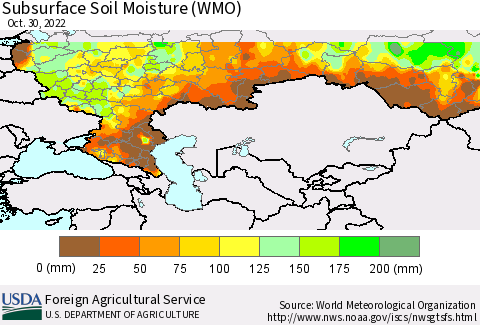 Russian Federation Subsurface Soil Moisture (WMO) Thematic Map For 10/24/2022 - 10/30/2022