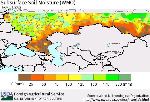 Russian Federation Subsurface Soil Moisture (WMO) Thematic Map For 11/7/2022 - 11/13/2022