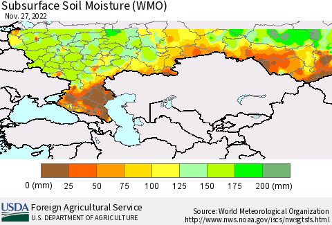 Russian Federation Subsurface Soil Moisture (WMO) Thematic Map For 11/21/2022 - 11/27/2022