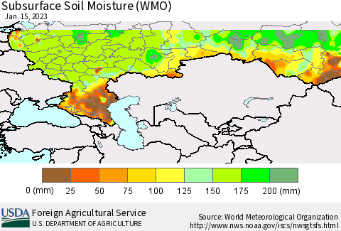 Russian Federation Subsurface Soil Moisture (WMO) Thematic Map For 1/9/2023 - 1/15/2023
