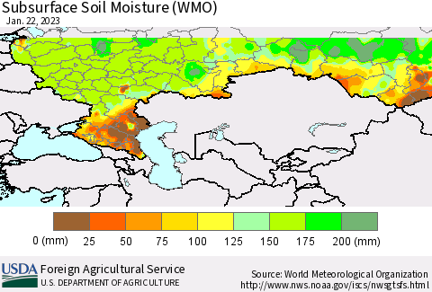 Russian Federation Subsurface Soil Moisture (WMO) Thematic Map For 1/16/2023 - 1/22/2023