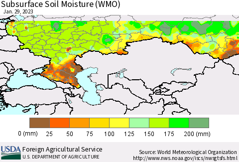 Russian Federation Subsurface Soil Moisture (WMO) Thematic Map For 1/23/2023 - 1/29/2023