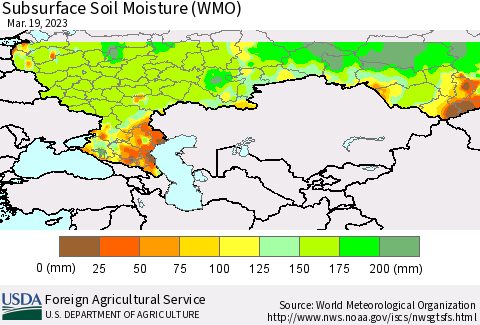 Russian Federation Subsurface Soil Moisture (WMO) Thematic Map For 3/13/2023 - 3/19/2023