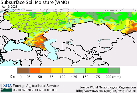 Russian Federation Subsurface Soil Moisture (WMO) Thematic Map For 4/3/2023 - 4/9/2023