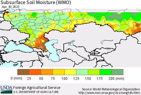 Russian Federation Subsurface Soil Moisture (WMO) Thematic Map For 4/24/2023 - 4/30/2023