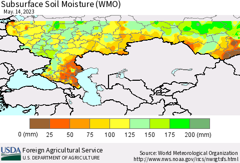 Russian Federation Subsurface Soil Moisture (WMO) Thematic Map For 5/8/2023 - 5/14/2023