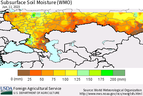 Russian Federation Subsurface Soil Moisture (WMO) Thematic Map For 6/5/2023 - 6/11/2023