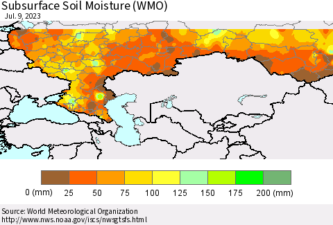 Russian Federation Subsurface Soil Moisture (WMO) Thematic Map For 7/3/2023 - 7/9/2023