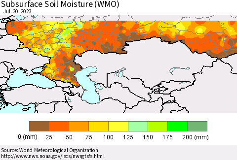 Russian Federation Subsurface Soil Moisture (WMO) Thematic Map For 7/24/2023 - 7/30/2023