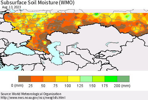 Russian Federation Subsurface Soil Moisture (WMO) Thematic Map For 8/7/2023 - 8/13/2023
