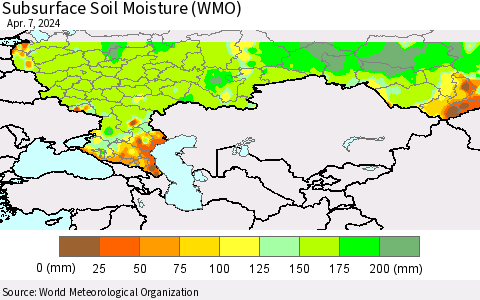 Russian Federation Subsurface Soil Moisture (WMO) Thematic Map For 4/1/2024 - 4/7/2024
