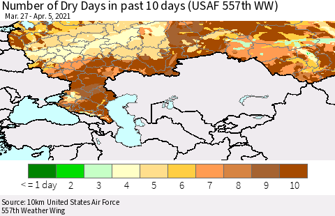 Russian Federation Number of Dry Days in past 10 days (USAF 557th WW) Thematic Map For 4/1/2021 - 4/5/2021