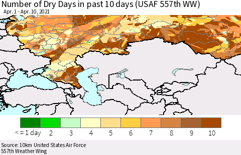 Russian Federation Number of Dry Days in past 10 days (USAF 557th WW) Thematic Map For 4/6/2021 - 4/10/2021