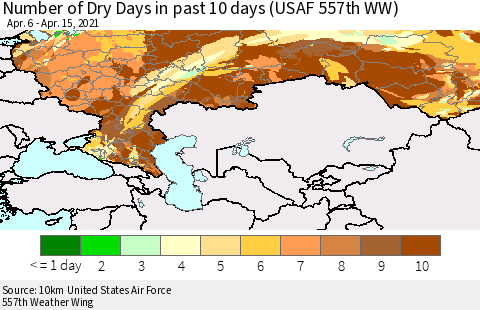 Russian Federation Number of Dry Days in past 10 days (USAF 557th WW) Thematic Map For 4/11/2021 - 4/15/2021