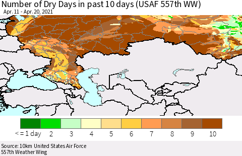 Russian Federation Number of Dry Days in past 10 days (USAF 557th WW) Thematic Map For 4/16/2021 - 4/20/2021