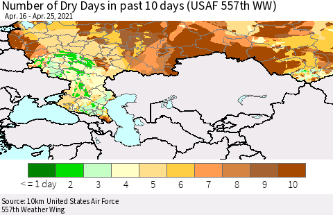 Russian Federation Number of Dry Days in past 10 days (USAF 557th WW) Thematic Map For 4/21/2021 - 4/25/2021