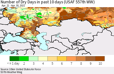 Russian Federation Number of Dry Days in past 10 days (USAF 557th WW) Thematic Map For 4/26/2021 - 4/30/2021
