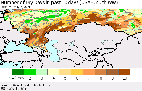 Russian Federation Number of Dry Days in past 10 days (USAF 557th WW) Thematic Map For 5/1/2021 - 5/5/2021