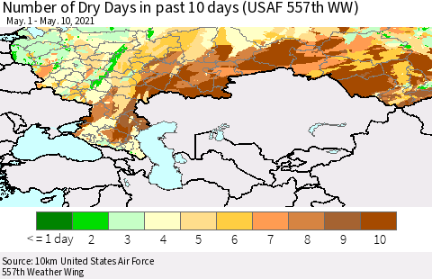 Russian Federation Number of Dry Days in past 10 days (USAF 557th WW) Thematic Map For 5/6/2021 - 5/10/2021