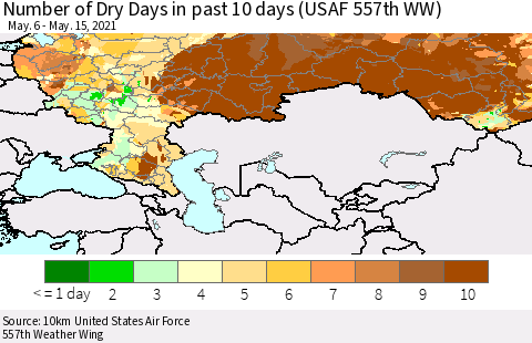 Russian Federation Number of Dry Days in past 10 days (USAF 557th WW) Thematic Map For 5/11/2021 - 5/15/2021