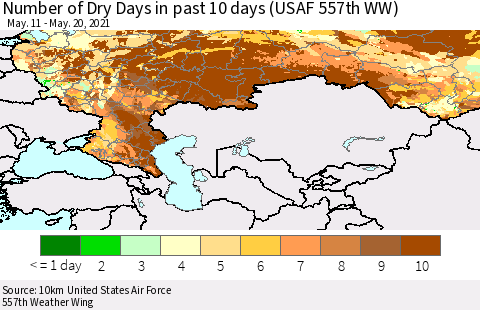 Russian Federation Number of Dry Days in past 10 days (USAF 557th WW) Thematic Map For 5/16/2021 - 5/20/2021