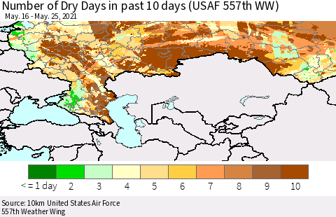 Russian Federation Number of Dry Days in past 10 days (USAF 557th WW) Thematic Map For 5/21/2021 - 5/25/2021