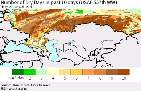 Russian Federation Number of Dry Days in past 10 days (USAF 557th WW) Thematic Map For 5/26/2021 - 5/31/2021